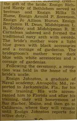 Part 2 Marriage Notice for Thomas Weir JOHNSTON to Merry Creswell Kapp, 7 Jun 1944