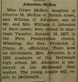 Marriage Notice for William C. JOHNSTON to Grace McKee, 19 Jan 1937