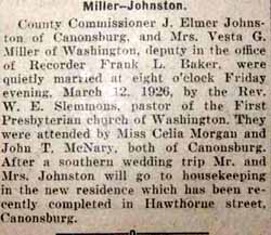 Marriage Notice for J. Elmer JOHNSTON to Mrs. Vesta G. ___ Miller, 12 Mar 1926