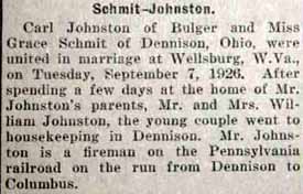 Marriage Notice for Carl JOHNSTON to Grace Schmit, 7 Sep 1926