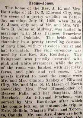 Part 1 Marriage Notice for Ralph A. JONES to Frances Genevieve Beggs, 10 Jul 1926