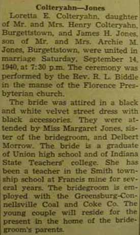 Marriage Notice for James H. JONES to Loretta E. Colteryahn, 14 Sep 1940