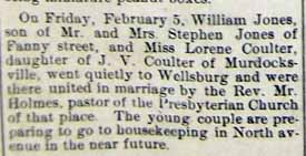 Marriage Notice for William JONES to Lorene COULTER, Fri., Feb 5, 1915