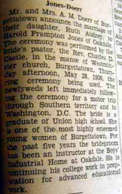 Marriage notice for Harold Frampton JONES to Ruth Audrey Doerr, 28 May 1936