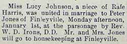 Marriage Notice for Rev. Peter JONES to Lucy JOHNSON or JOHNSTON, Mon., Jan 1, 1906