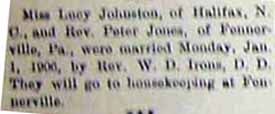 Marriage Notice for Rev. Peter JONES to Lucy JOHNSON or JOHNSTON, Mon., Jan 1, 1906