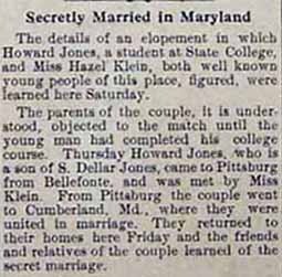 Marriage Notice for Howard JONES to Hazel KLEIN, Friday, no date, 1911