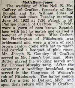 Marriage Notice for William JONES to Nell E. McCaffery, 26 Jun 1923