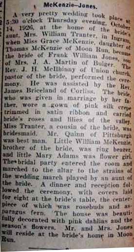Marriage Notice for Frank William JONES to Grace McKenzie, 14 Oct 1926