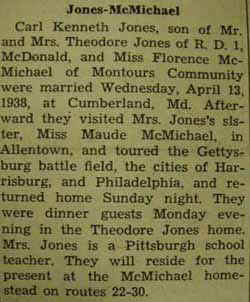 Marriage notice for 
        Carl Kenneth JONES to Florence McMichael, 13 Apr 1938