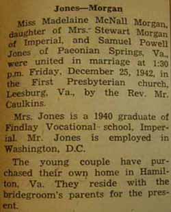 Marriage Notice for Samuel Powell JONES to Madelaine McNall Morgan, 25 Dec 1942