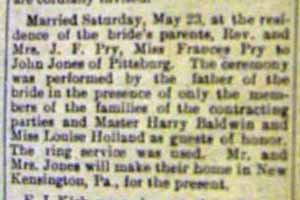 Marriage Notice for John JONES to Frances Pry, 23 May 1908