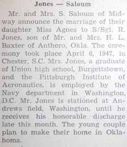Marriage Notice for R. JONES to Agnes Saloum, 6 Apr 1947