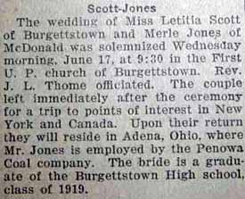Marriage Notice for Merle JONES to Letitia Scott, 17 Jun 1925
