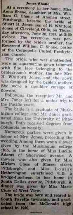 Marriage Notice for Stuart H. JONES to Anna Shane, 30 Jun 1938