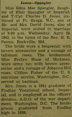 Marriage Notice for Charles D. JONES to Edna Mae Spangler, 28 Apr 1943
