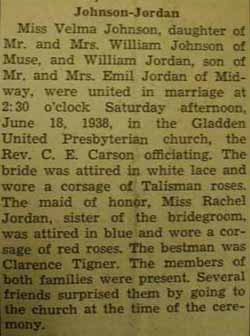 William JORDAN to Velma Johnson, 18 Jun 1938