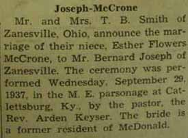 Marriage Notice for Bernard JOSEPH to Esther Flowers McCrone, 29 Sep 1937