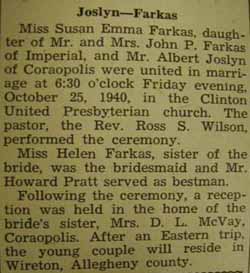 Marriage Notice for Albert JOSLYN to Susan Emma Farkas, 25 Oct 1940