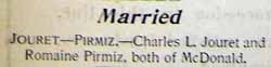 Marriage Notice for Charles JOURET to Romaine Pirmiz, no date, in 3-16-1901 paper