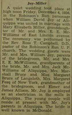 Marriage Notice for William David JOY to Mary Elizabeth Miller, 4 Dec 1936