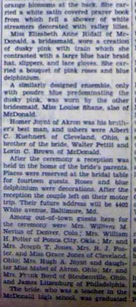 Wedding Notice part 2 for Hugh Merle JOYNT to Helen Kuehnert, no date, in 6-15-1934 paper