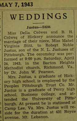 Marriage Notice for Robert Noble JUSTUS to Mabel Virginia Stitt, 24 Apr 1943