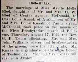 Article 1 Marriage Notice for Carl Louis KNAAK to Myrtle Idelle Ebel, 17 Aug 1922