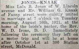 Article 1 Marriage Notice for William G. KNAAK to Lula B. Jones, 16 Aug 1921