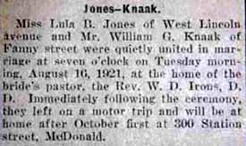 Article 2 Marriage Notice for William G. KNAAK to Lula B. Jones, 16 Aug 1921