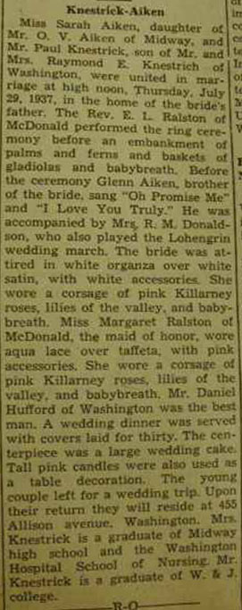 Marriage Notice for <b></b>Paul KNESTRICK to Sarah Aiken, 29 Jul 1937