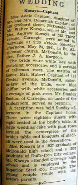 Marriage Notice for Walter KOCAYA to Adele Capitani, 24 May 1941