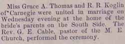 Marriage Notice for R. R. KOGLIN to Grace A. Thomas, no date, in 4-17-1914 paper