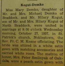 Part 1 Marriage Motice for 
Hilary KOGUT to Mary Demko, 27 Oct 1937