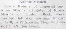 Marriage Notice for Frank KOHNIE to Anna Missick, 6 Aug 1938