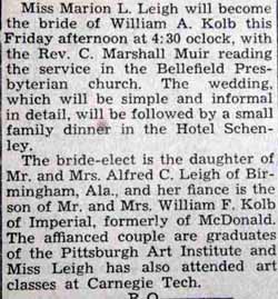 Marriage Notice for William A. KOLB to Marion L. Leigh, no date, in 3-8-1935 paper