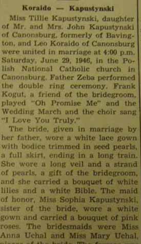Part 1 Marriage Notice for Leo KORAIDO to Tillie Kapustynski, 29 Jun 1946