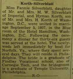 Marriage Notice for 
Hyman KORTH to Fannie Silverblatt, 5 Sep 1937