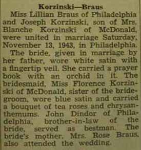 Marriage Notice for 
        Joseph KORZINSKI to Lillian Braus, 13 Nov 1943