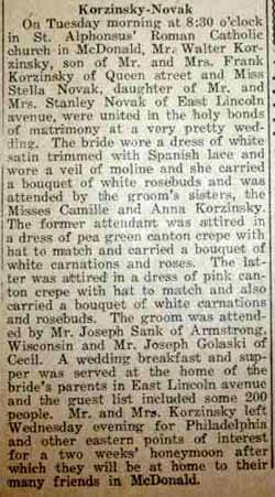Marriage Notice for Walter KORZINSKY to Stella Novak, no date, in 4-23-1923 paper