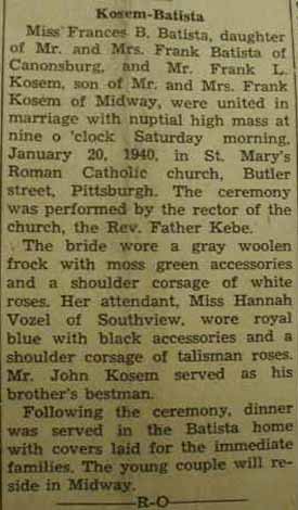 Marriage Notice for Frank L. KOSEM to Frances B. Batista, 20 Jan 1940