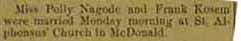 Marriage Notice for Frank KOSEM to Polly Nagode, no date, in 11-27-1914 paper