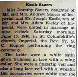 Marriage Notice for Joseph KOSIK to Dorothy Sauers, 15 Jun 1940