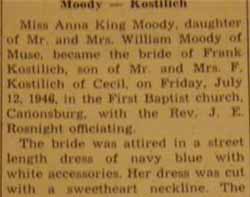 Part 1 Marriage Notice for Frank KOSTILICH to Anna King Moody, 12 Jul 1946