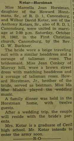 Marriage Notice for Wilbur David KOTAR to Marcella Jean Horstman, 10 Oct 1942