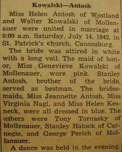 Marriage Notice for Walter KOWALSKI to Helen Antosh, 14 Jul 1942