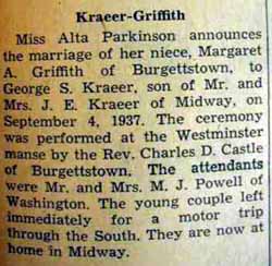 Marrage Notice for George S. KRAEER to Margaret A. Griffith, 4 Sep 1937