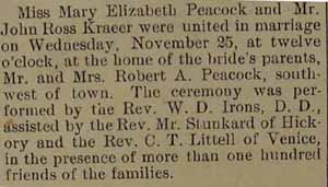 Marriage Notice for John Ross KRAEER to Mary Elizabeth Peacock, 25 Nov 1914