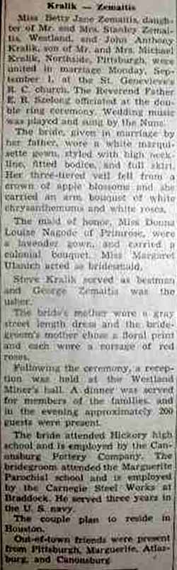 Marriage Notice for John Anthony KRALIK to Betty Jane Zemaitis, 1 Sep 1947