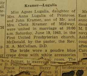 Marriage Notice for John KRAMER to Agnes Lugalia, 19 Jun 1943